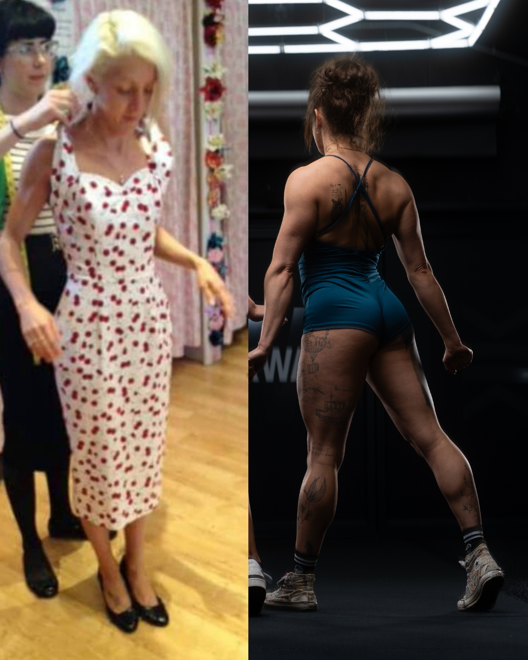 A woman in a polka dot dress getting her hair styled on the left, and a woman in athletic clothing with tattoos on her back and legs, standing in a gym on the right.
