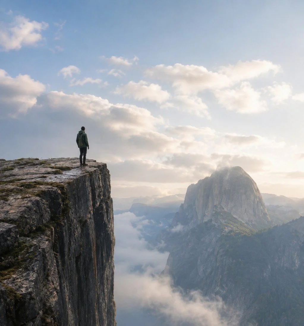 A person standing on the edge of a rocky cliff overlooking a mountain range with clouds and a partly cloudy sky.