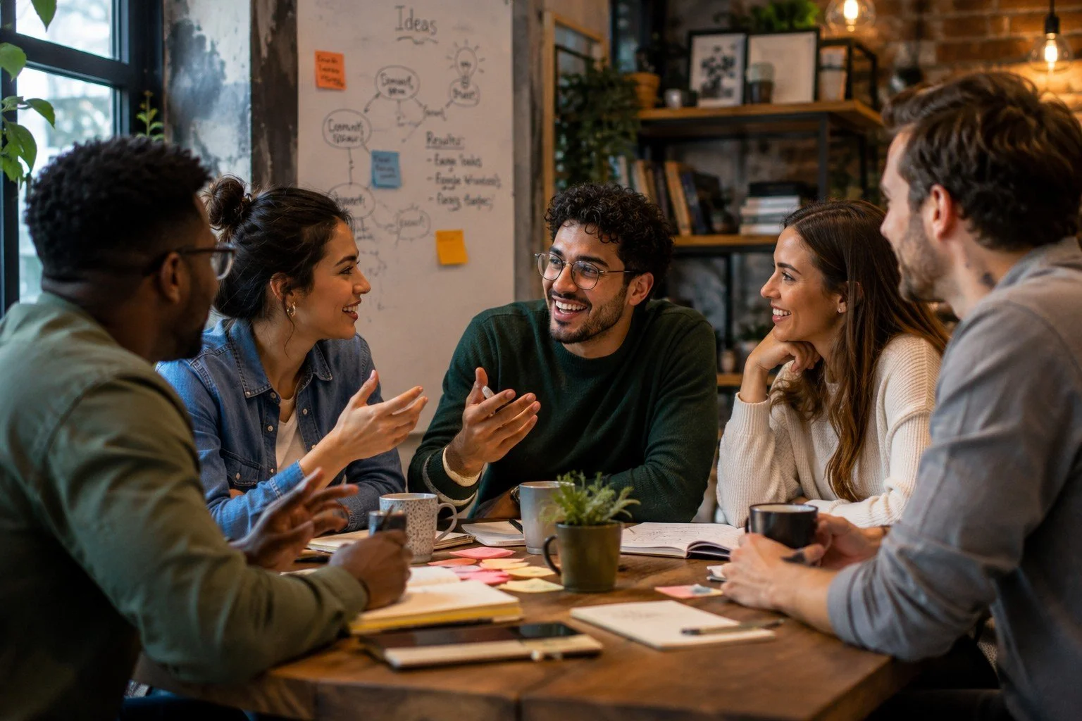 Group of six diverse young adults having a discussion around a wooden table in a cozy, modern office space with bookshelves and a whiteboard in the background.