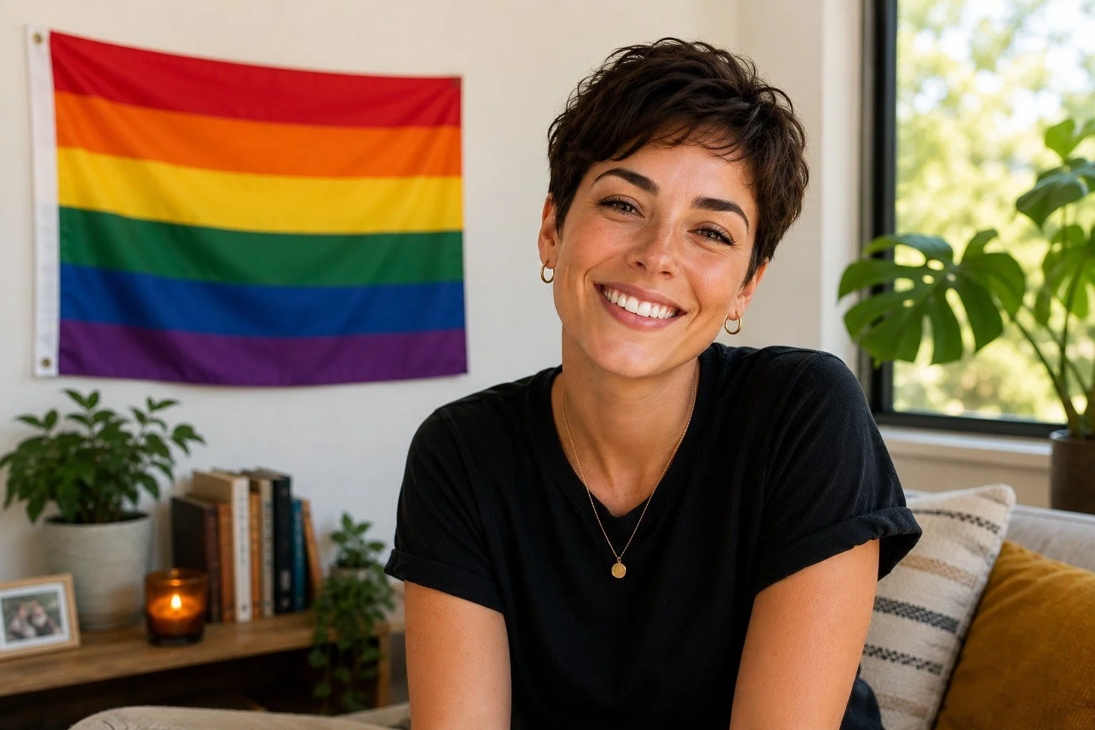 A woman with short dark hair and hoop earrings smiling in a room with a rainbow pride flag on the wall, a window with greenery outside, and plants and framed photos on a side table.