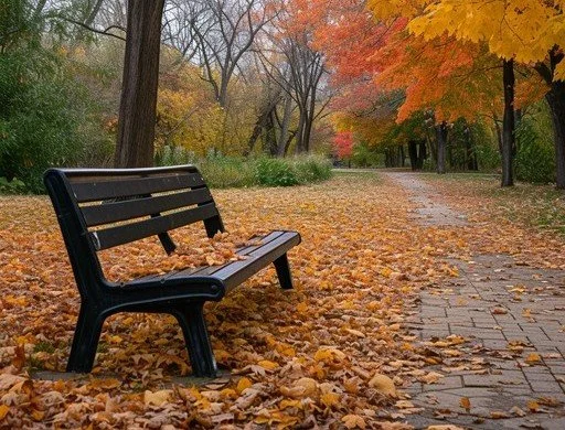 Empty park bench on a leaf-covered path in an autumn forest with colorful trees