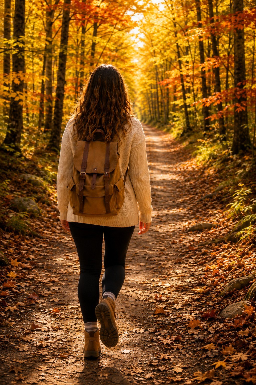 A woman walking on a leaf-covered trail through a forest with autumn trees and golden sunlight.