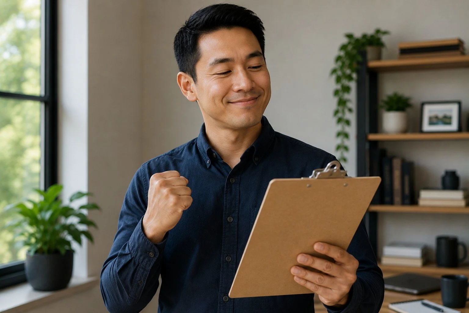 A man in a navy blue shirt looks at a clipboard with a proud or happy expression, fist clenched, in an office with shelves, plants, and a window.