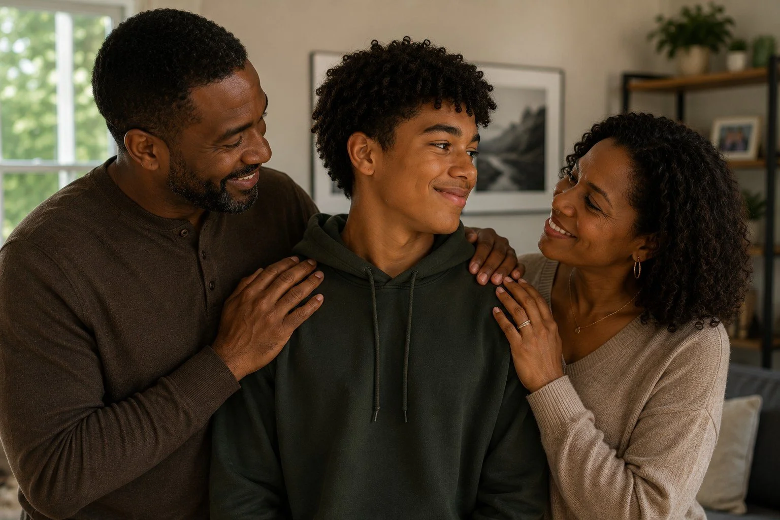 A young man smiling happily with his parents on each side, warmly embracing him in a cozy living room.