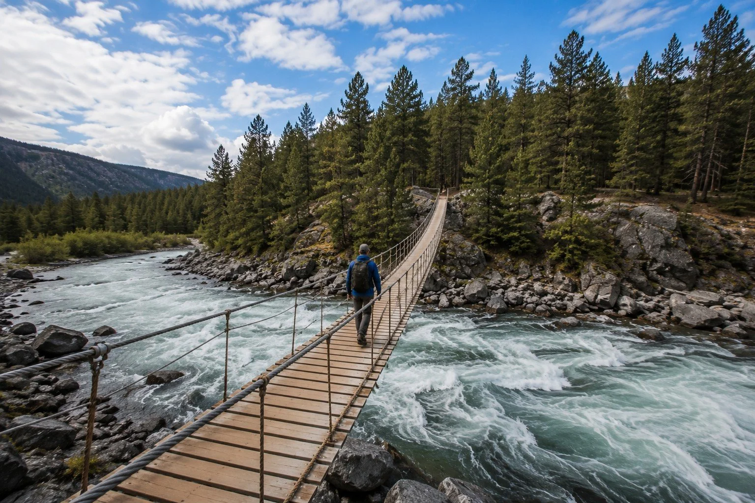 A person with a backpack walking across a suspension bridge over rushing river water, surrounded by pine trees and mountainous landscape under a partly cloudy sky.