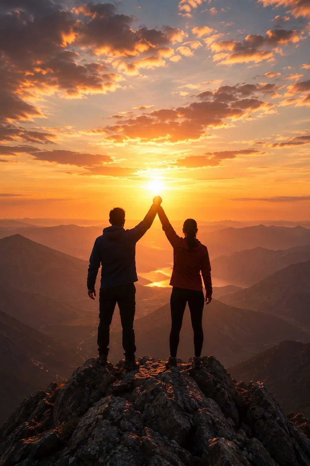 A couple standing on a mountain peak during sunset, holding hands up touching the sun with a scenic view of clouds and mountain ranges in the background.