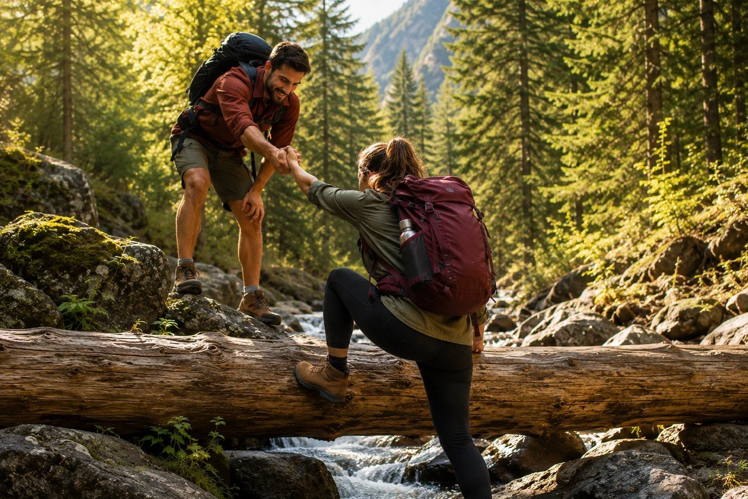A man helping a woman cross a fallen log over a stream in a forest during daytime, both wearing hiking gear.