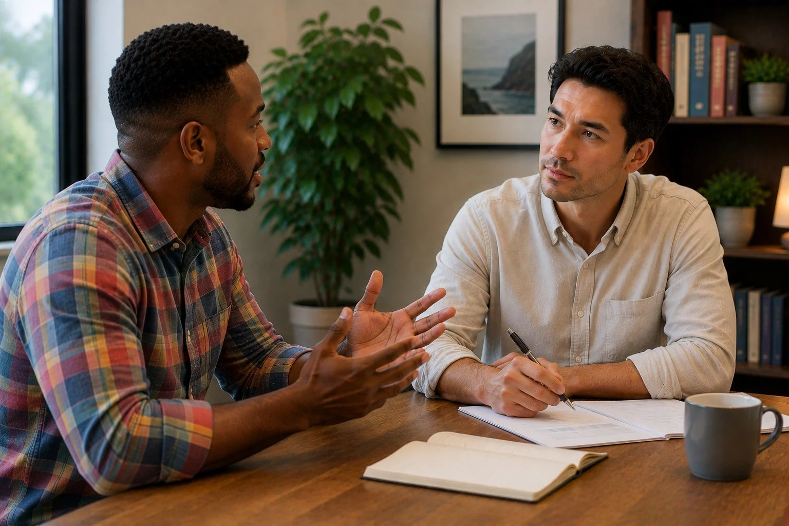 Two men having a conversation at a table in an office setting.