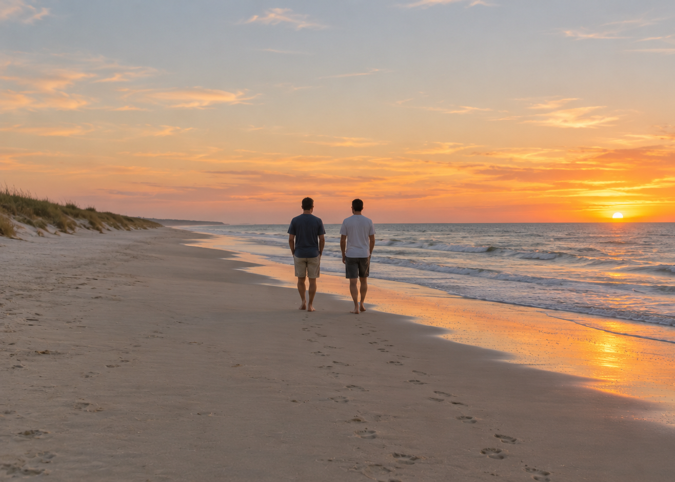 Two men walking along a beach at sunset, leaving footprints in the sand as the sun sets over the ocean.