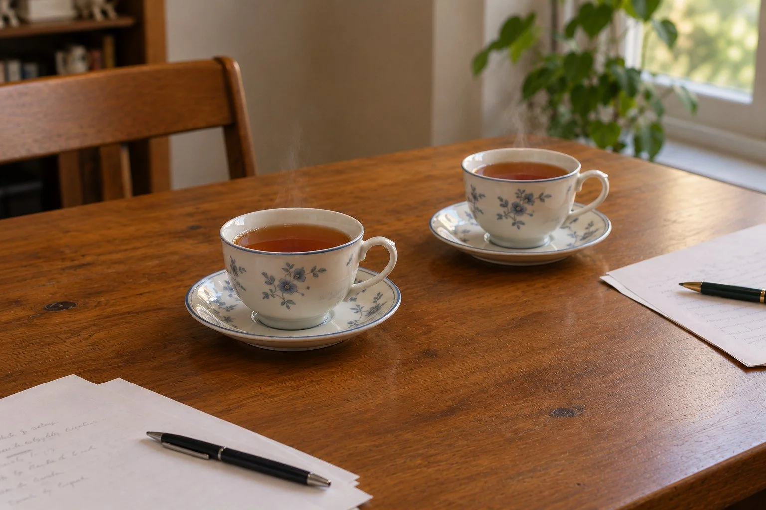 Two cups of tea on matching saucers placed on a wooden table, with papers and pens nearby, near a window with a green potted plant in the background.