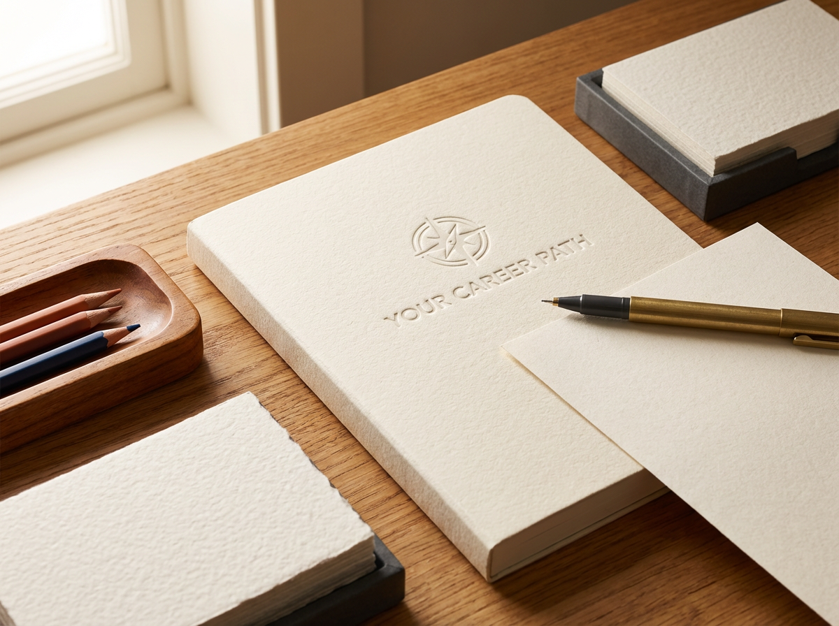 A desk with a notebook titled "Your Career Path" in embossed font, a pen on a piece of paper, a small wooden tray with colored pencils, and stacks of notecards, near a window with natural light.