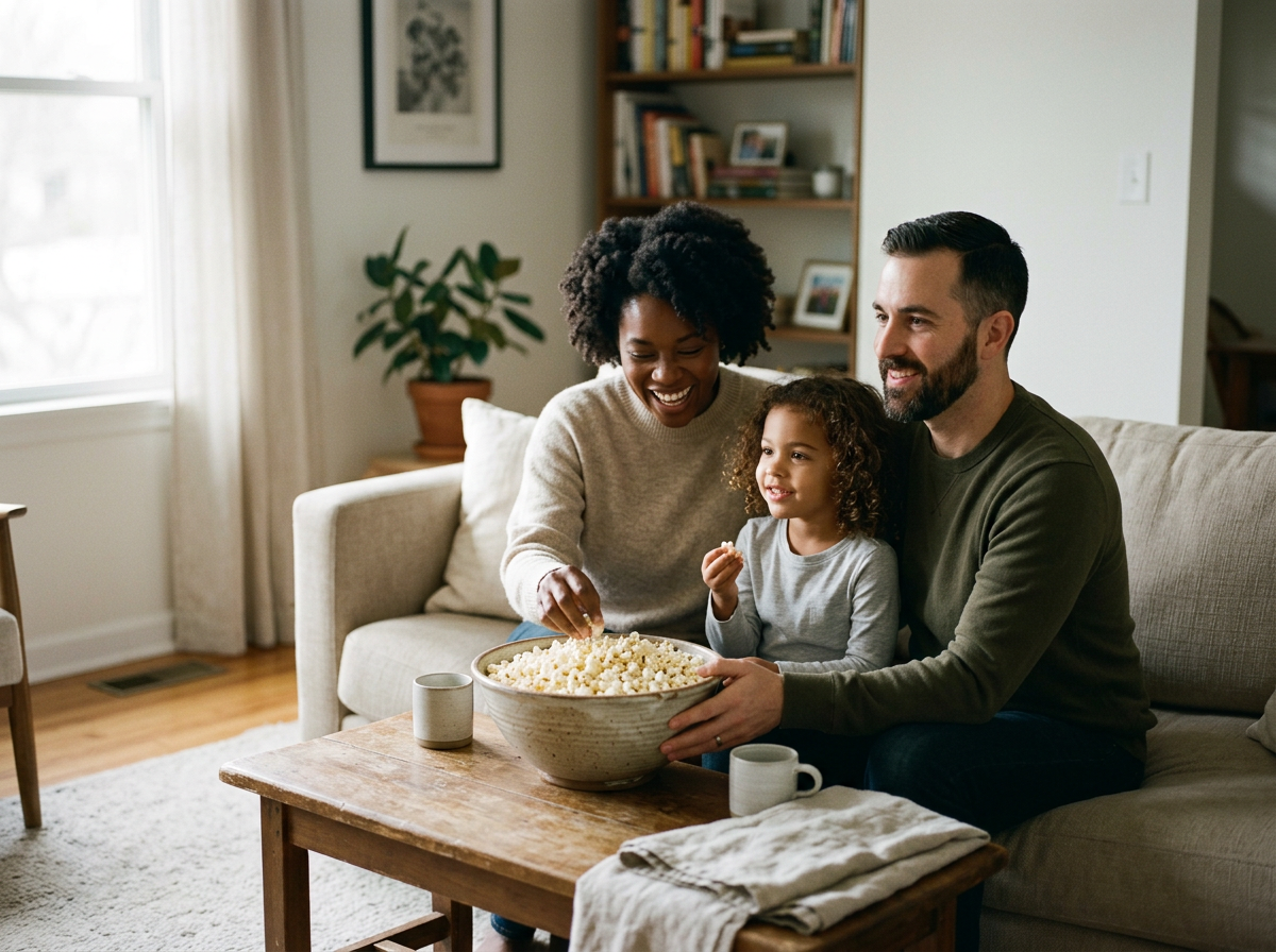 A family of three sitting on a beige sofa in a living room, enjoying a bowl of popcorn together. The parents are smiling and the young girl is reaching for popcorn. The room is cozy with a bookshelf, a potted plant, and a window with curtains in the background.
