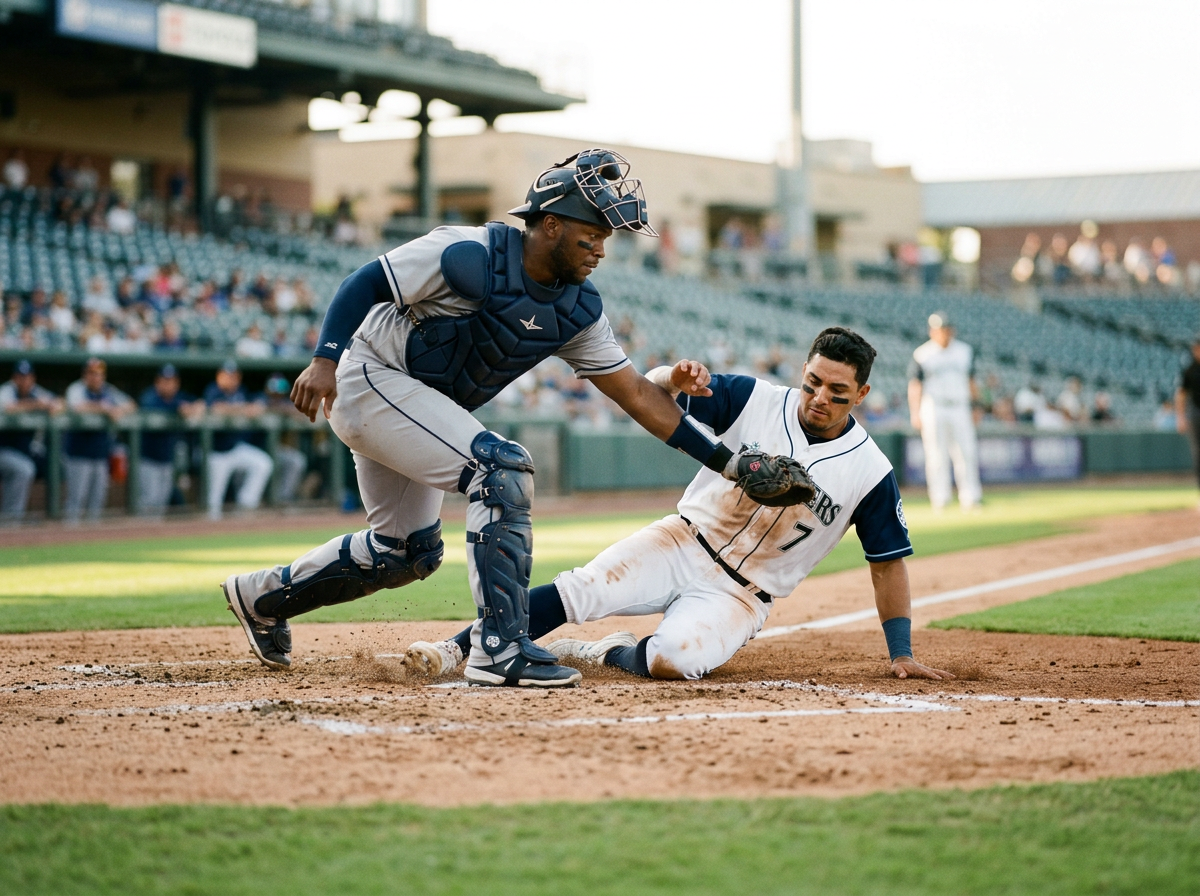 A baseball player sliding into home plate as the catcher attempts to tag him out during a game.