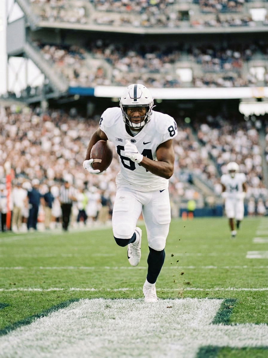 A football player wearing a white uniform with the number 84 is running with a football towards the end zone during a game. The stadium is filled with spectators.