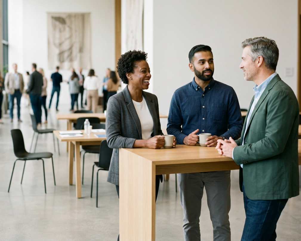 Three people engaging in conversation while holding coffee mugs at a wooden table in a modern, busy office space.