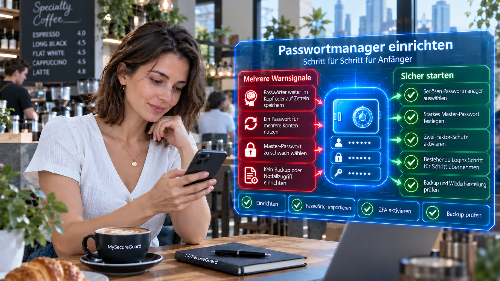 Digitale Sicherheitsgrafik zur Einrichtung eines Passwortmanagers mit Hinweisen auf starke Passwörter, verschlüsselte Passworttresore und Zwei-Faktor-Authentifizierung.