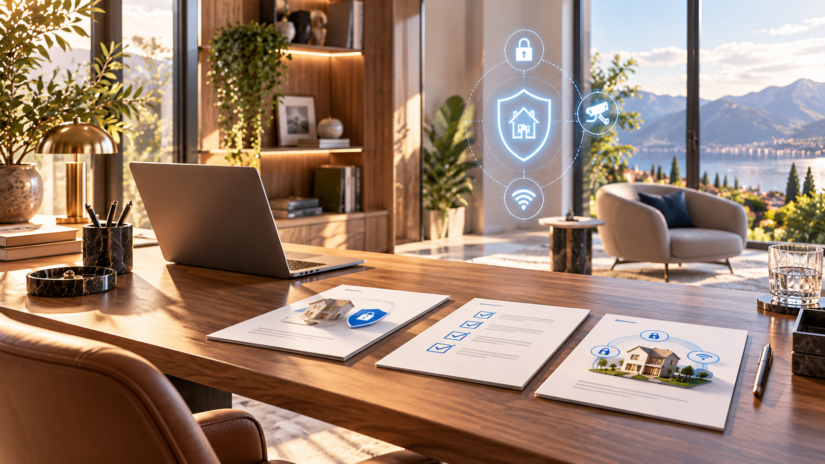 Modernes Homeoffice mit Schreibtisch und digitalen Sicherheitssymbolen für Heimschutz, WLAN und Überwachung.