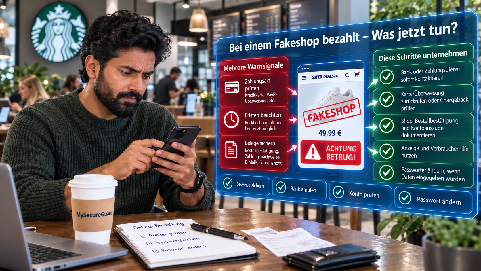 Mann prüft sein Smartphone in einem Café. Daneben zeigt eine digitale Infografik Warnsignale für Fakeshop-Betrug und wichtige Schritte nach einer verdächtigen Zahlung.