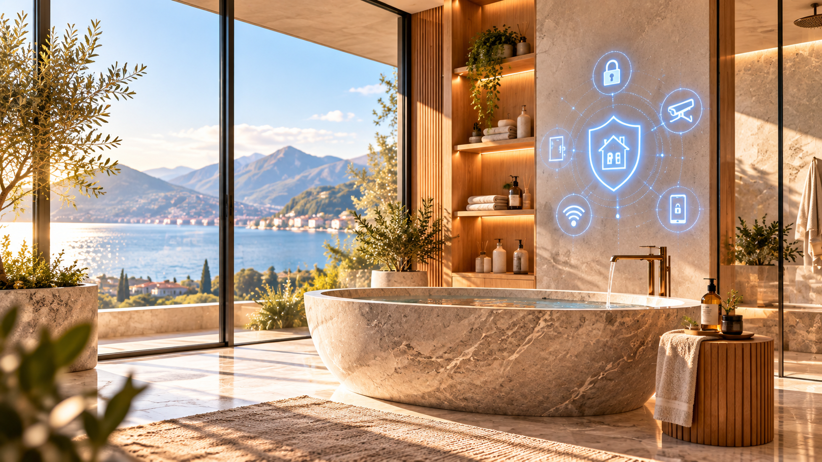 Das Motiv zeigt Haus, Zugang, Kamera, WLAN und Schutzschild und passt damit direkt zu „Risiken erkennen – Schutz prüfen – richtig handeln“.