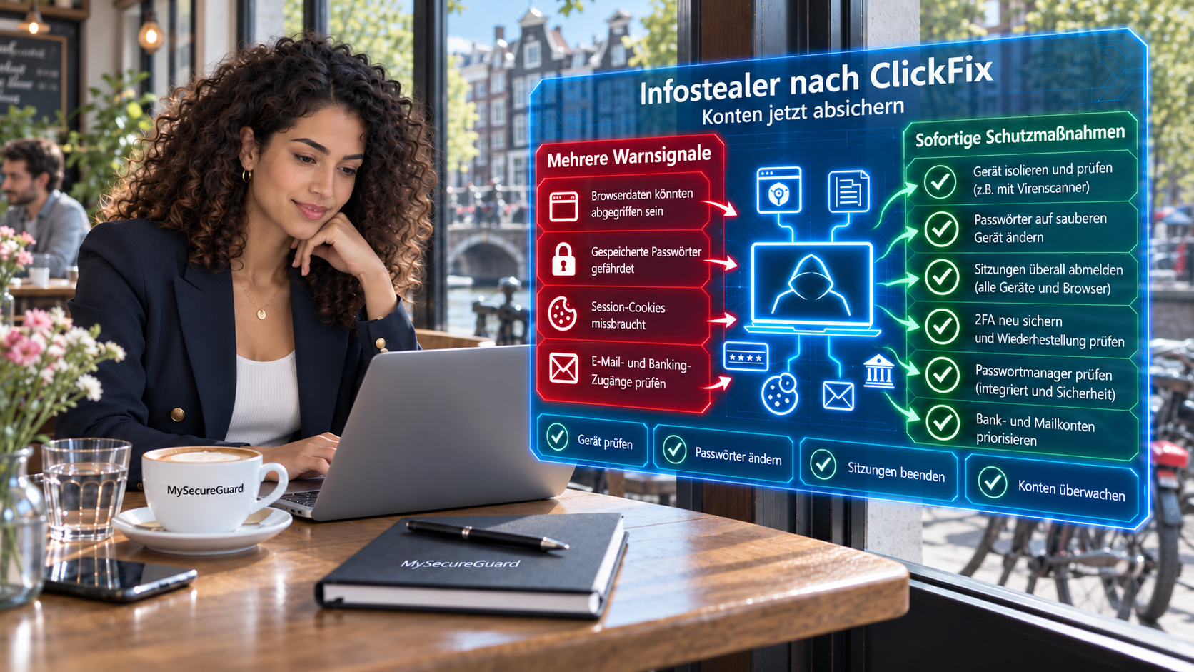 Digitale Sicherheitsgrafik über Infostealer mit Hinweisen auf gestohlene Browser-Passwörter, gefährdete Sitzungstoken und die Absicherung von Online-Konten.