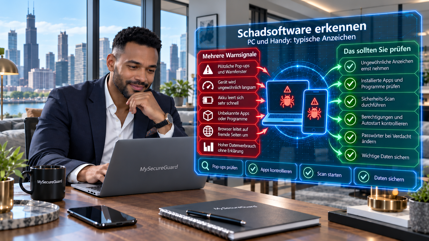 Illustration zum Erkennen von Schadsoftware mit einer digitalen Warnanzeige für mögliche Viren und Sicherheitsprobleme auf Computer und Smartphone.