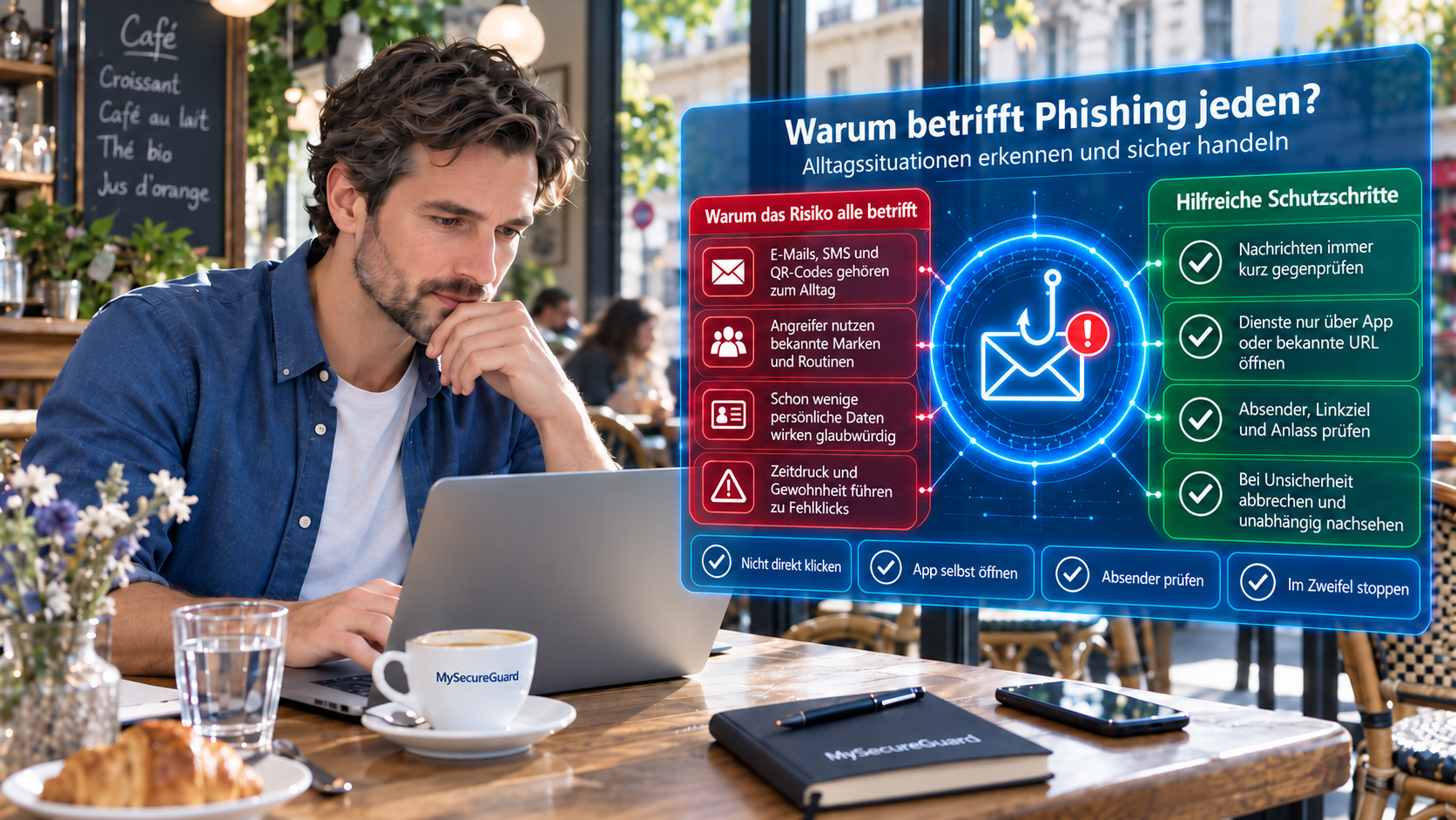 Mann in einem Café betrachtet eine digitale Sicherheitsgrafik über Phishing und die Gefahr betrügerischer Nachrichten im Alltag.