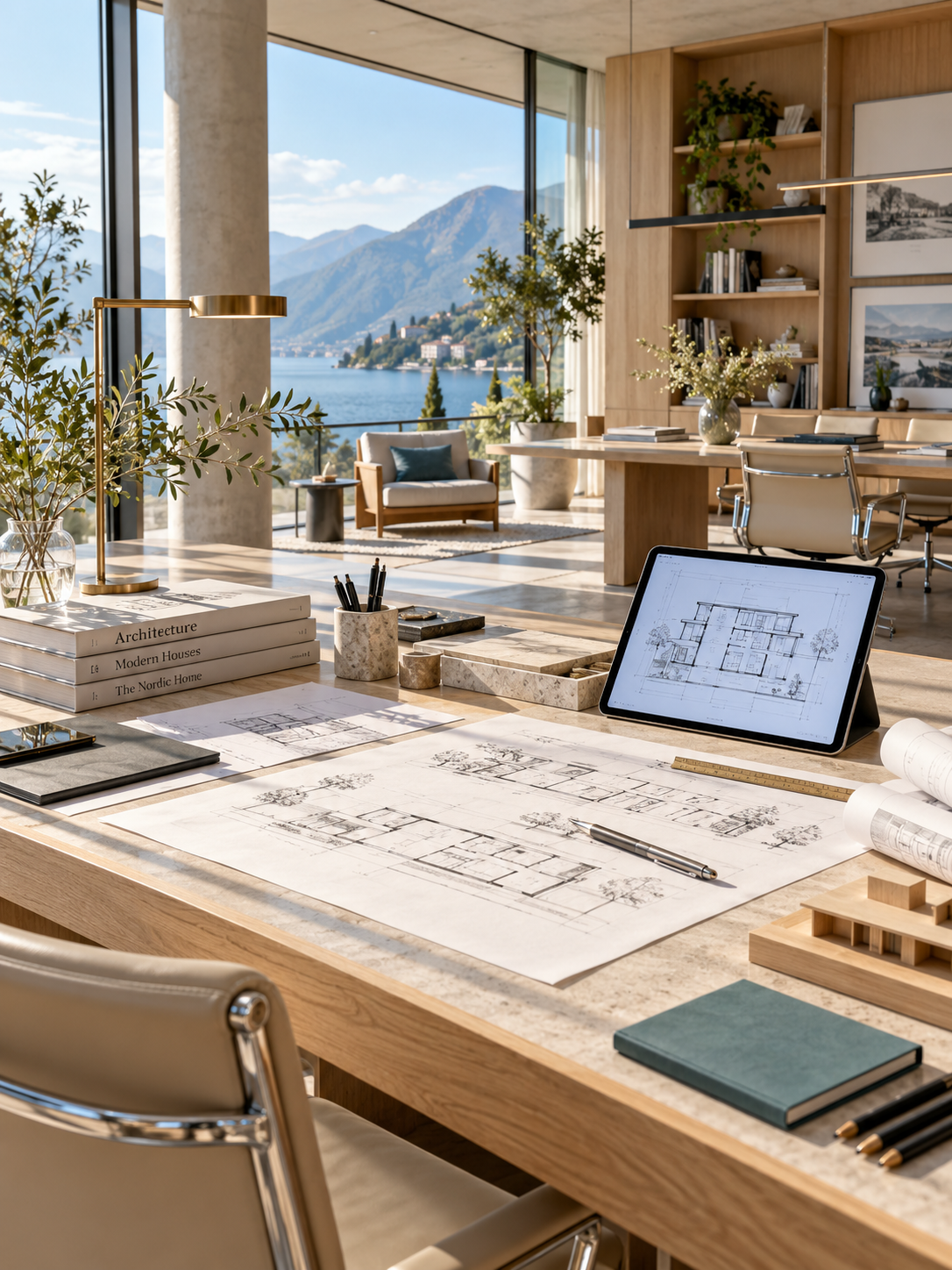 Ein moderner Arbeitsbereich mit Architekturzeichnungen, Büchern, und einem Tablet, das Fenster mit Blick auf Berge und einen See im Hintergrund.