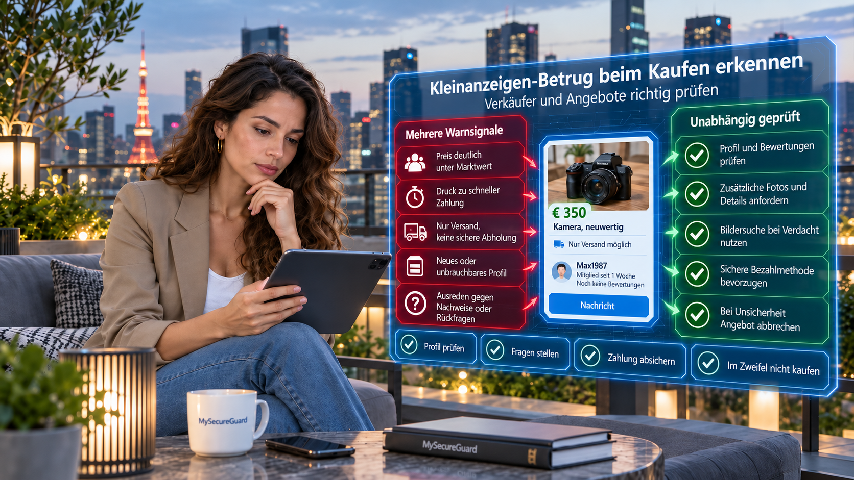 Frau prüft ein Kleinanzeigenangebot am Tablet. Daneben zeigt eine digitale Infografik Warnsignale für Betrug und Hinweise zur sicheren Verkäuferprüfung.