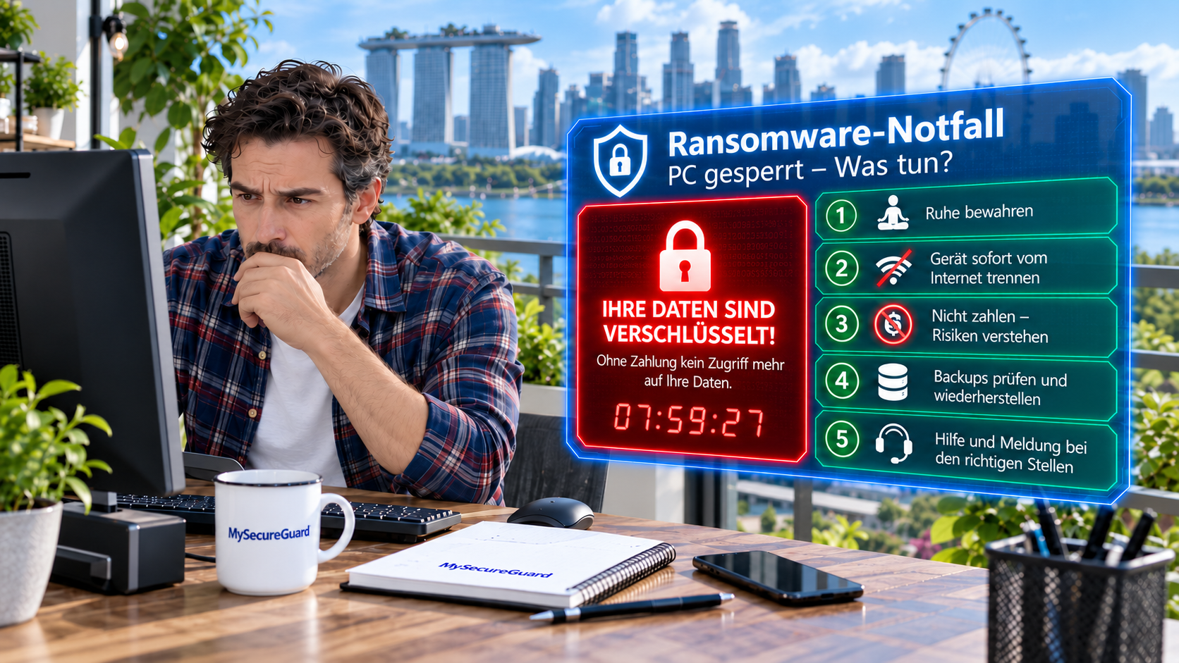 Illustration eines Computers mit einer digitalen Warnanzeige zu einer möglichen Ransomware-Sperre und einer Erpressungsmeldung.