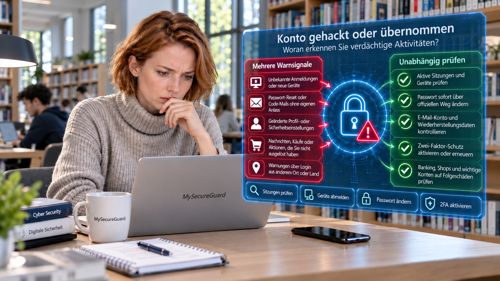 Digitale Sicherheitsgrafik zur Erkennung eines gehackten Online-Kontos mit Hinweisen auf unbekannte Anmeldungen, fremde Geräte und verdächtige Kontoaktivitäten.