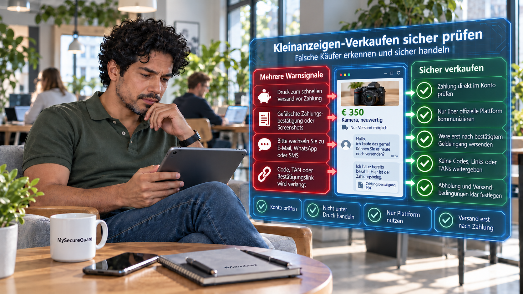 Mann prüft ein Kleinanzeigenangebot auf einem Tablet. Daneben zeigt eine digitale Infografik Warnsignale für falsche Käufer und Tipps zum sicheren Verkaufen.