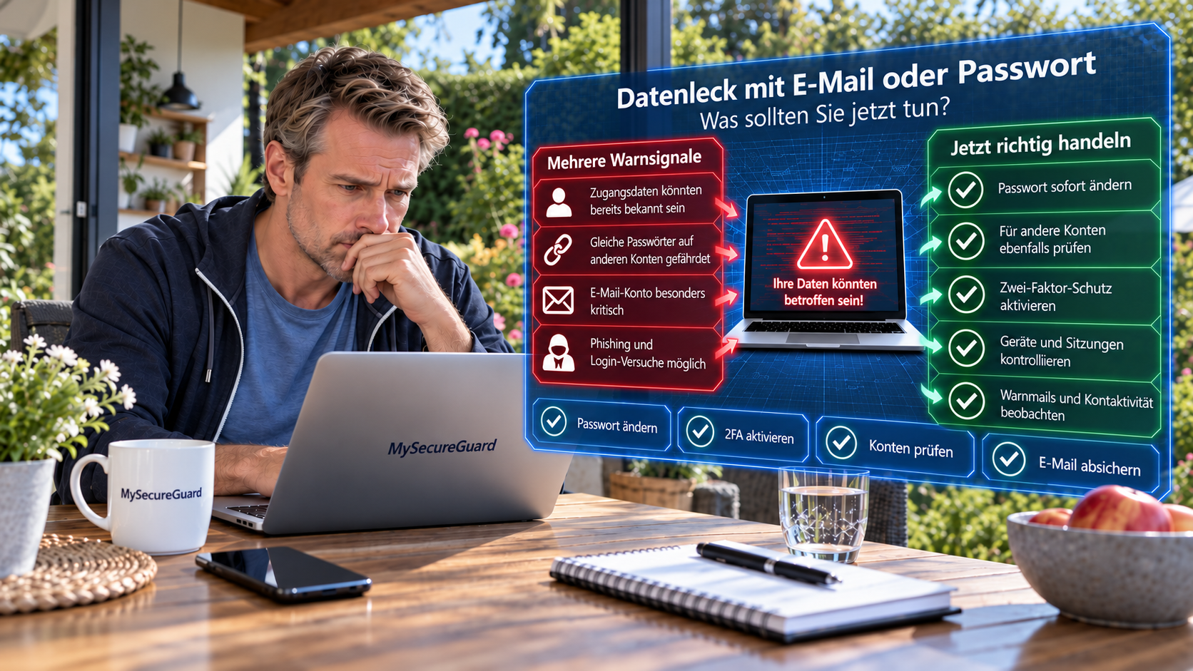 Digitale Sicherheitsübersicht zum Thema Datenleck mit Hinweisen auf kompromittierte E-Mail-Adressen, gestohlene Passwörter und Maßnahmen zum Schutz von Online-Konten.