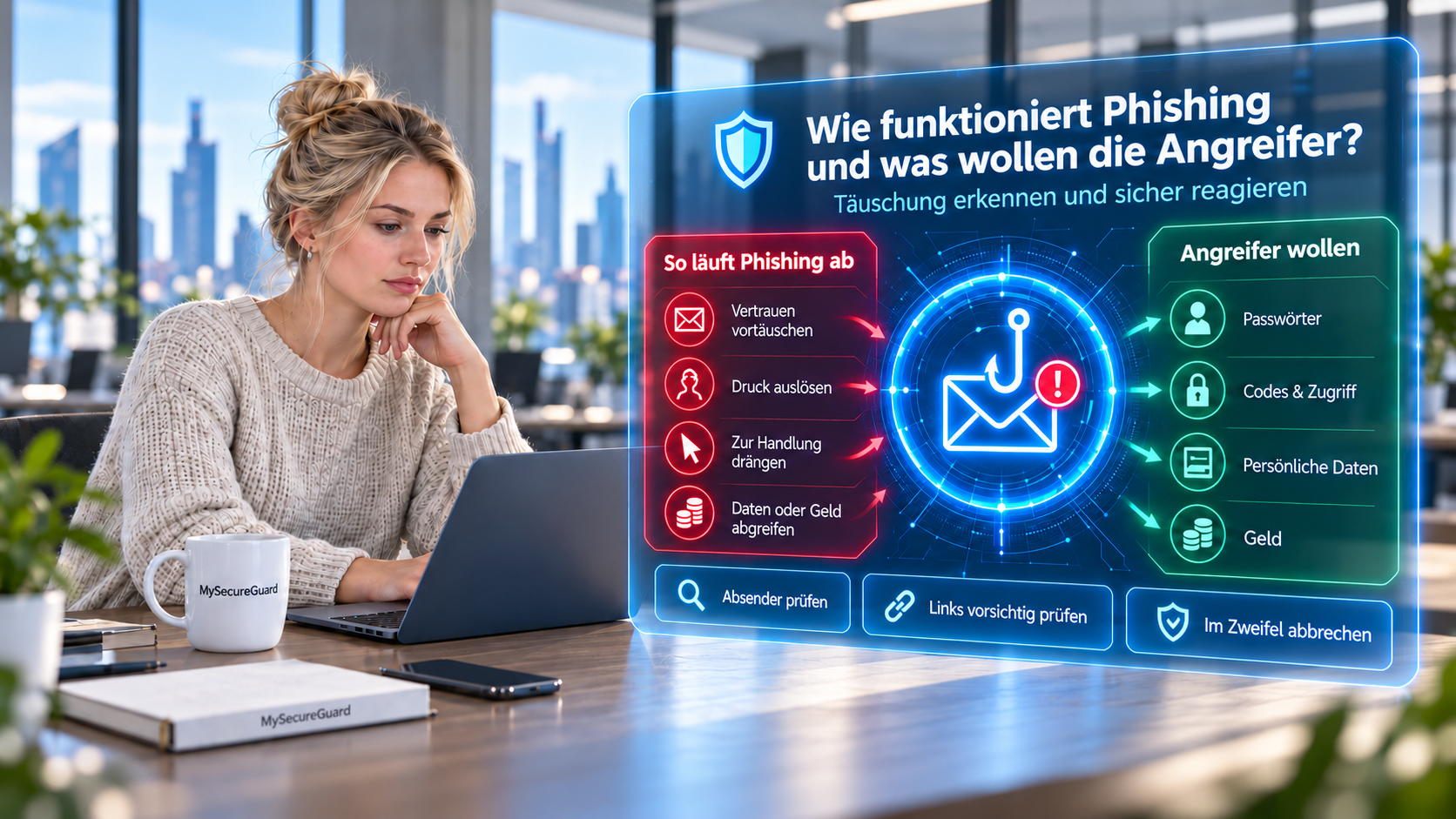 Frau am Laptop vor einer Grafik zu Phishing: E-Mail-Angriff und Ziele der Angreifer