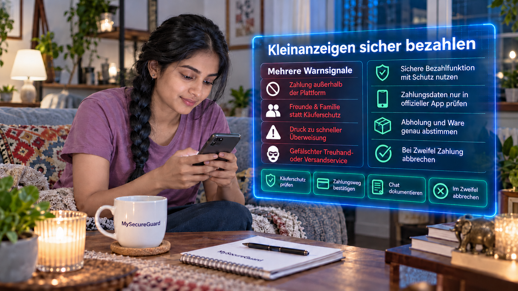 Frau prüft eine Nachricht auf ihrem Smartphone. Daneben zeigt eine digitale Sicherheitsgrafik Warnsignale gefälschter Kleinanzeigen-Zahlungen und sichere Prüfschritte.