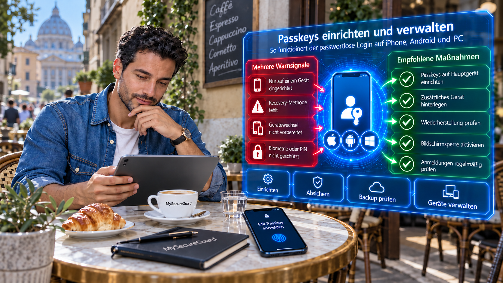 Digitale Infografik zum Einrichten und Verwalten von Passkeys auf iPhone, Android und Windows mit Hinweisen zur sicheren Anmeldung und zum Gerätewechsel.