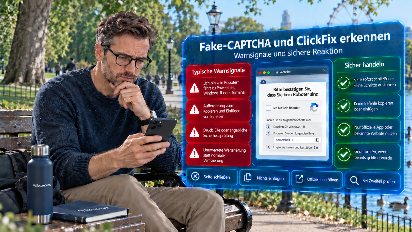 Digitale Sicherheitsgrafik über ClickFix-Betrug mit gefälschter CAPTCHA-Prüfung, verdächtigen Browser-Warnungen und Hinweisen zum Schutz vor Schadsoftware.