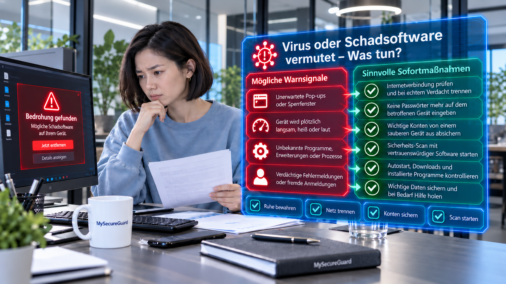 Illustration zu Sofortmaßnahmen bei Viren- und Schadsoftwareverdacht mit einer digitalen Sicherheitsanzeige und Hinweisen zum Schutz betroffener Geräte.