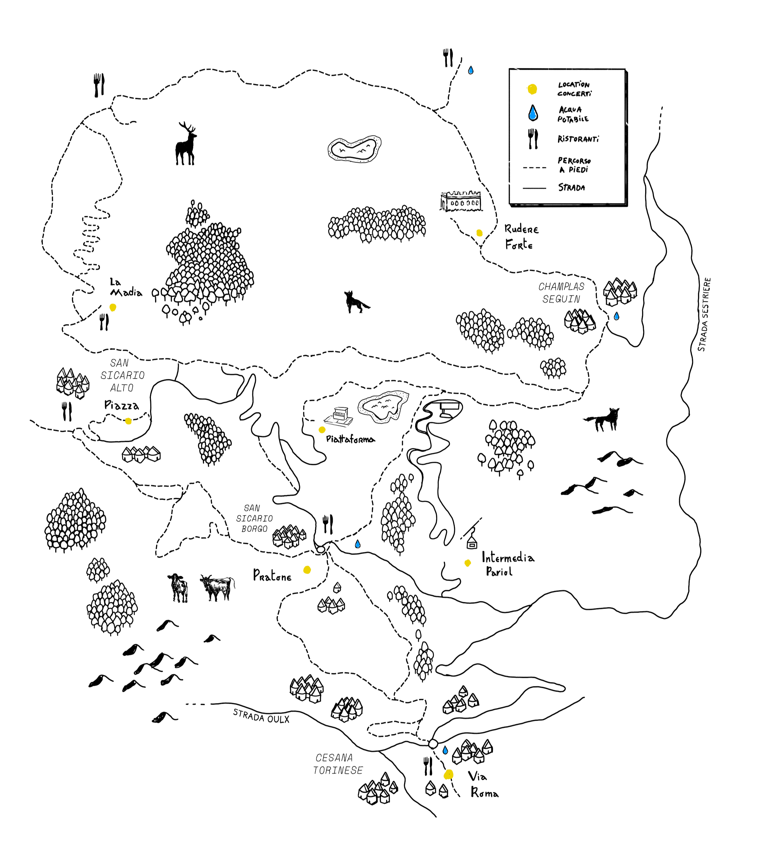 Mappa di un'area naturale con percorsi, punti di interesse come un ristorante, un'area di picnic, un'area di osservazione dei cervi, e vari sentieri segnati con simboli e linee, con una legenda che indica i simboli usati per acqua potabile, ristorante, percorsi a piedi, e stazioni.