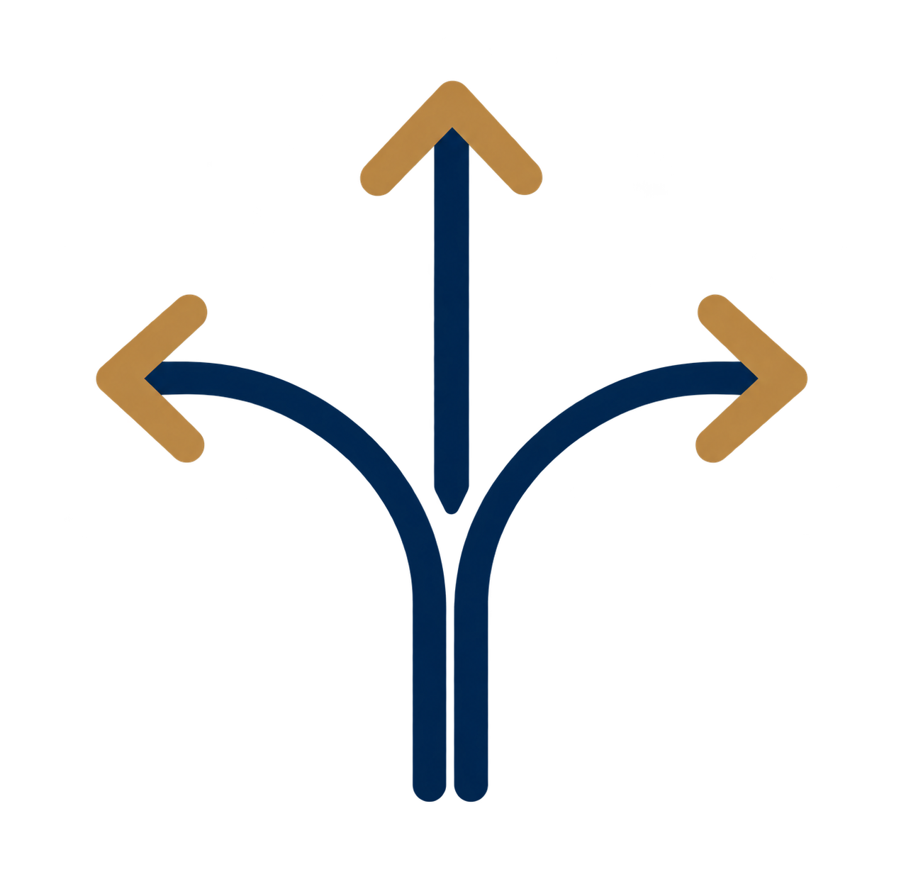 Diagramm mit drei Pfeilen, die in verschiedene Richtungen zeigen: nach oben, links und rechts, in unterschiedlichen Farben.