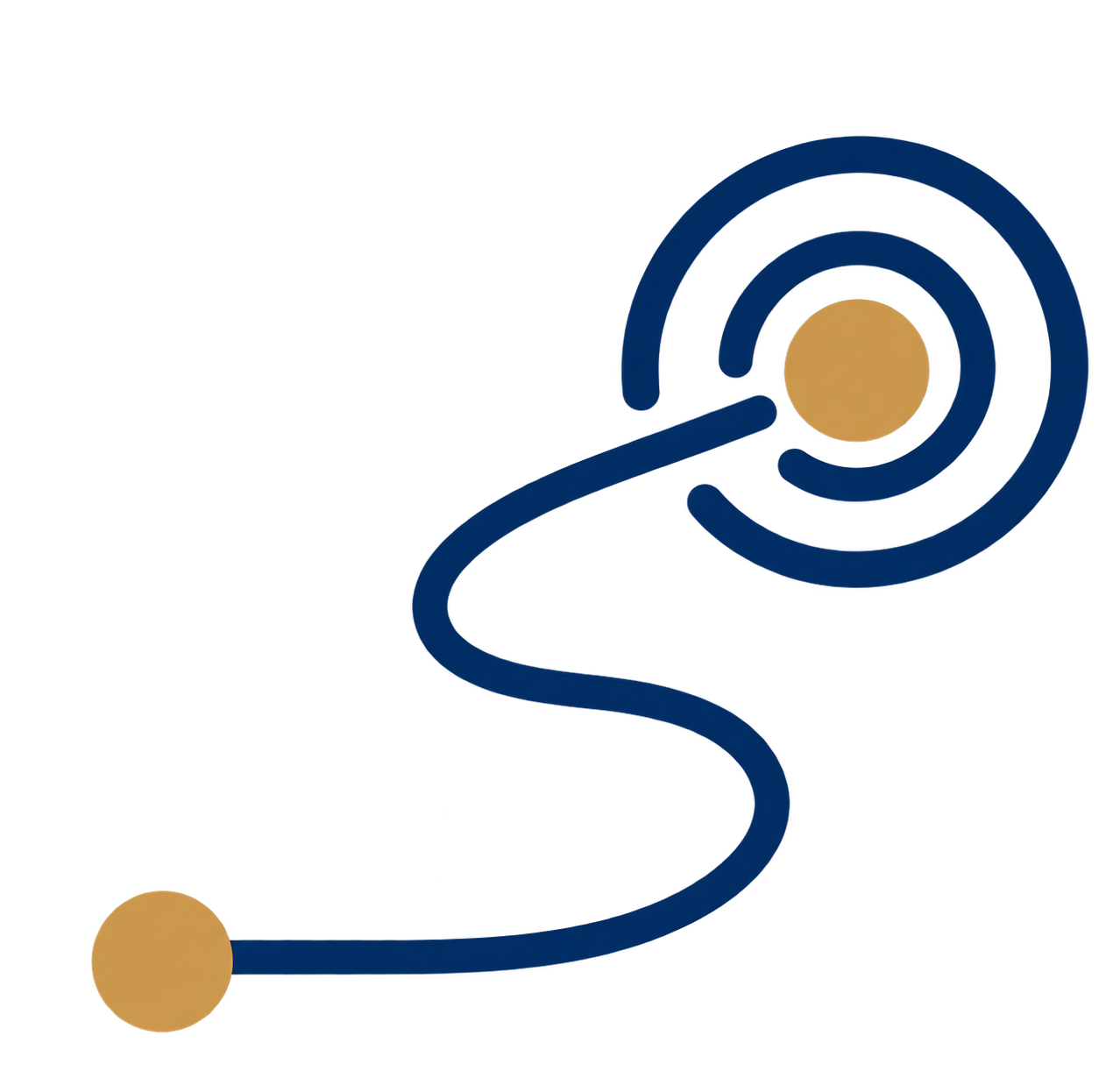 Ein abstraktes, stilisiertes Liniendiagramm mit zwei großen, rotbraunen Kreisen verbunden durch eine blaue, geschwungene Linie, die eine spiralförmige Struktur bildet.