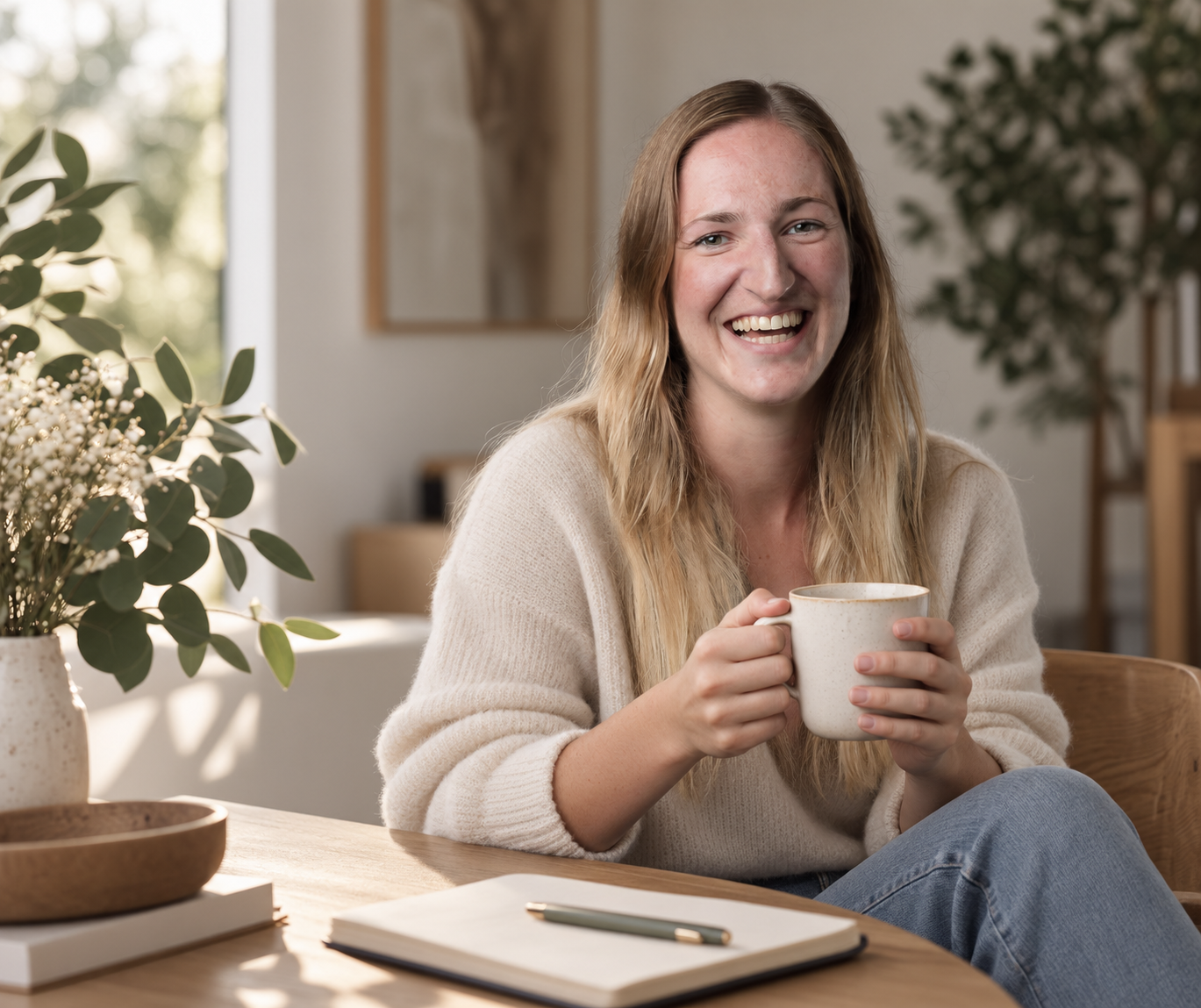 Eine junge Frau mit langem, gewelltem, rotem Haar, lacht und hält eine Tasse Kaffee oder Tee in den Händen, sitzend an einem Holztisch in einem hellen, modern eingerichteten Raum.