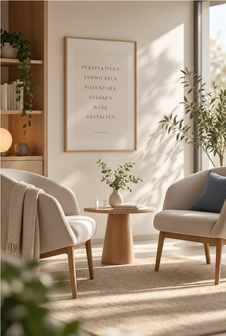 Gemütliches Wohnzimmer mit zwei weißen Sesseln, einem kleinen runden Holztisch, einem Baum, einem Regal mit Büchern, einer dekorativen Lampe und einem großen stilvollen Zitat auf der Wand.