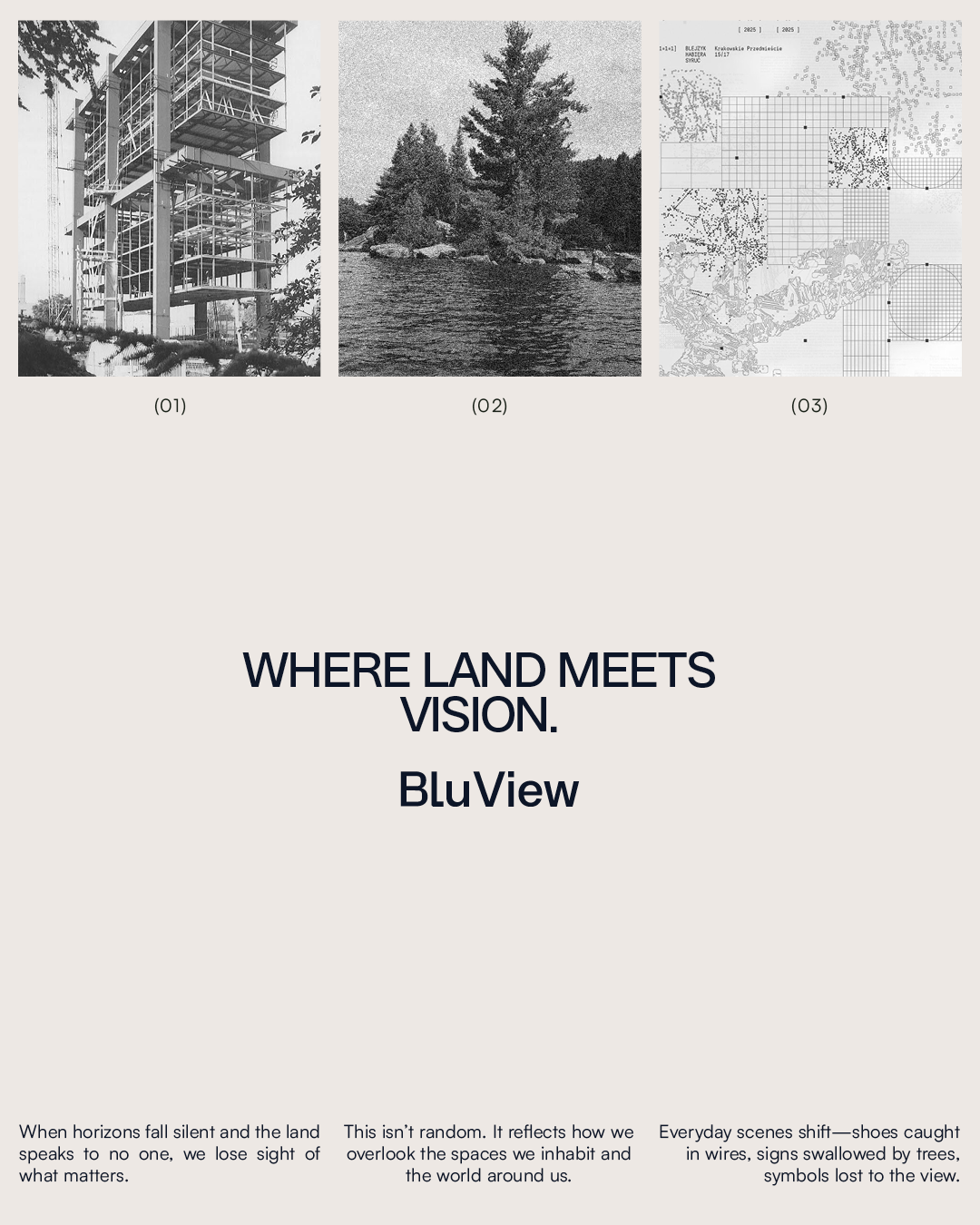 Three grayscale images: the first shows an unfinished modern building with exposed framework, the second depicts a natural scene with trees by a river, and the third contains abstract grid and map-like patterns. Below the images, text reads 'WHERE LA