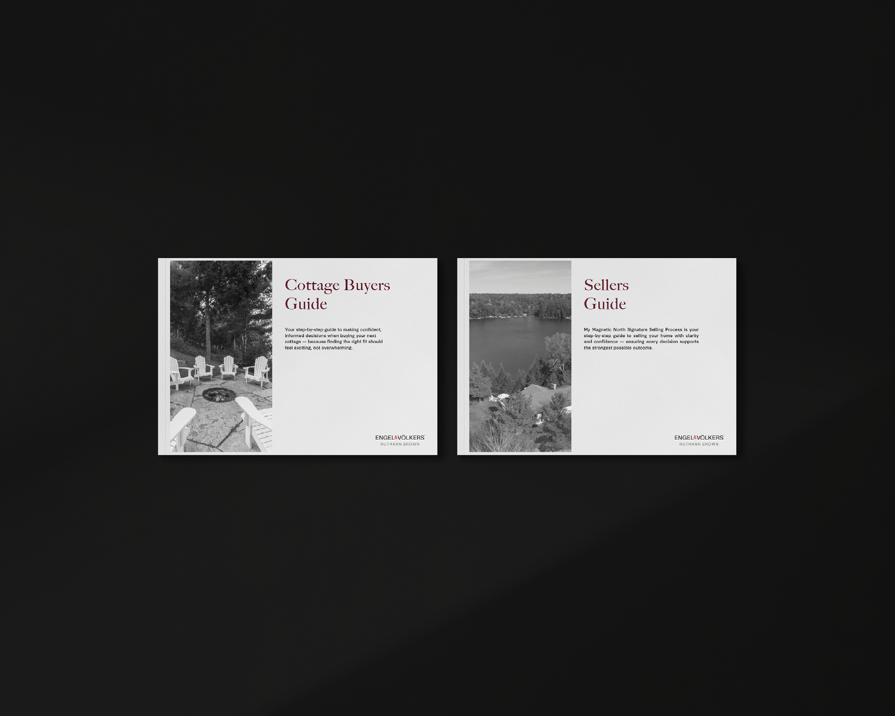 Two real estate guide brochures, one for cottage buyers and one for sellers, placed on a black surface. The cottage buyers guide features an outdoor seating area with Adirondack chairs around a fire pit, while the sellers guide shows an aerial view o