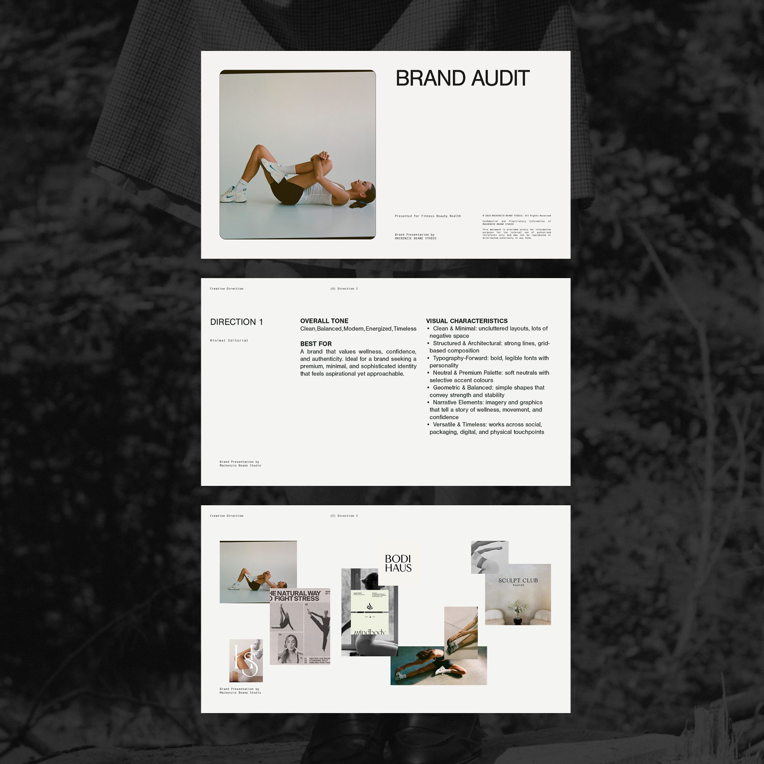 A presentation of a brand audit document featuring a woman lying down in workout attire, a series of pages with text and images related to visual identity and branding, and smaller images at the bottom showcasing wellness and fitness-related themes.
