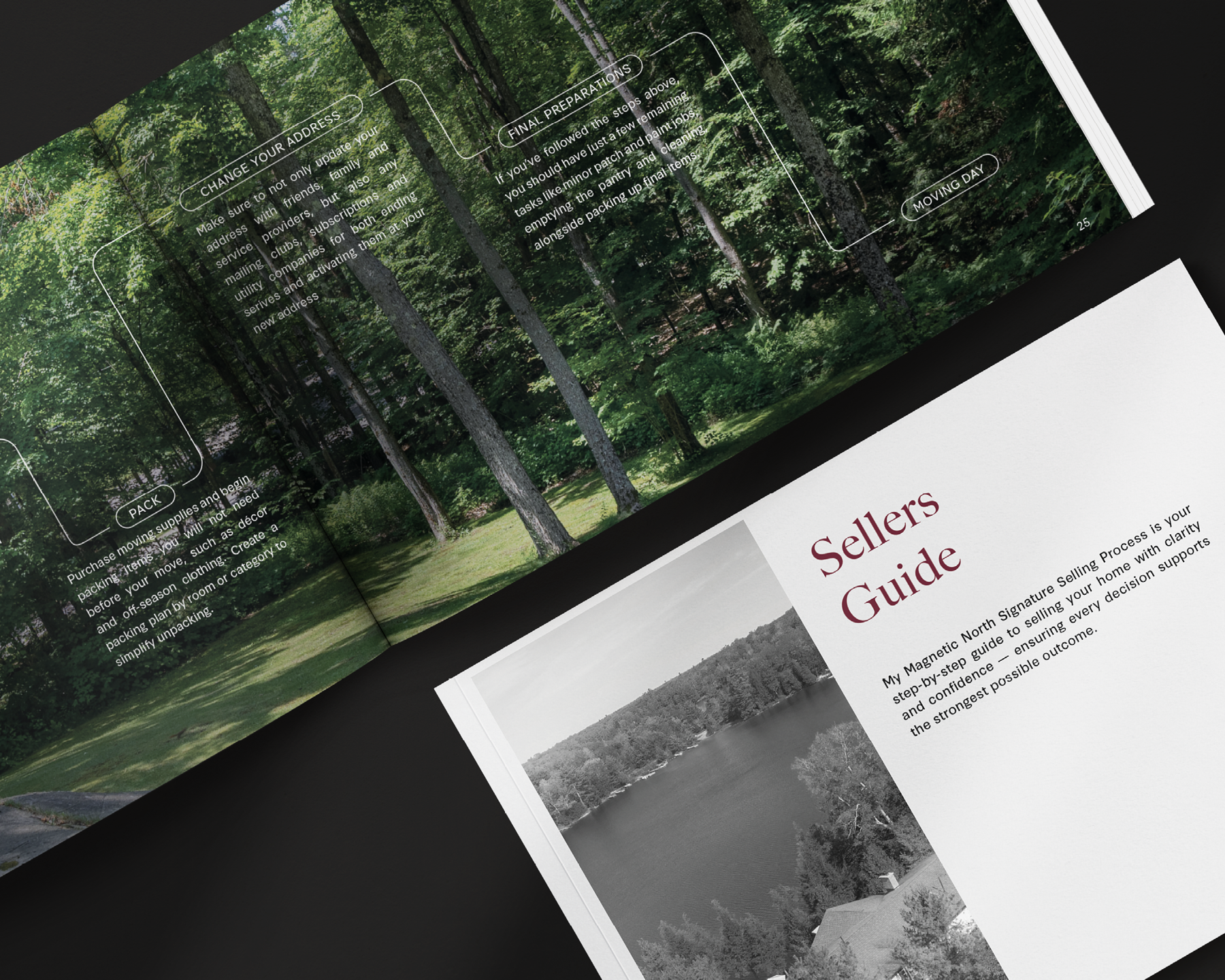 Open brochure with a background image of green trees and a river. The visible page includes a section titled 'Change Your Address' and another titled 'Final Preparations', along with some text about moving and packing.