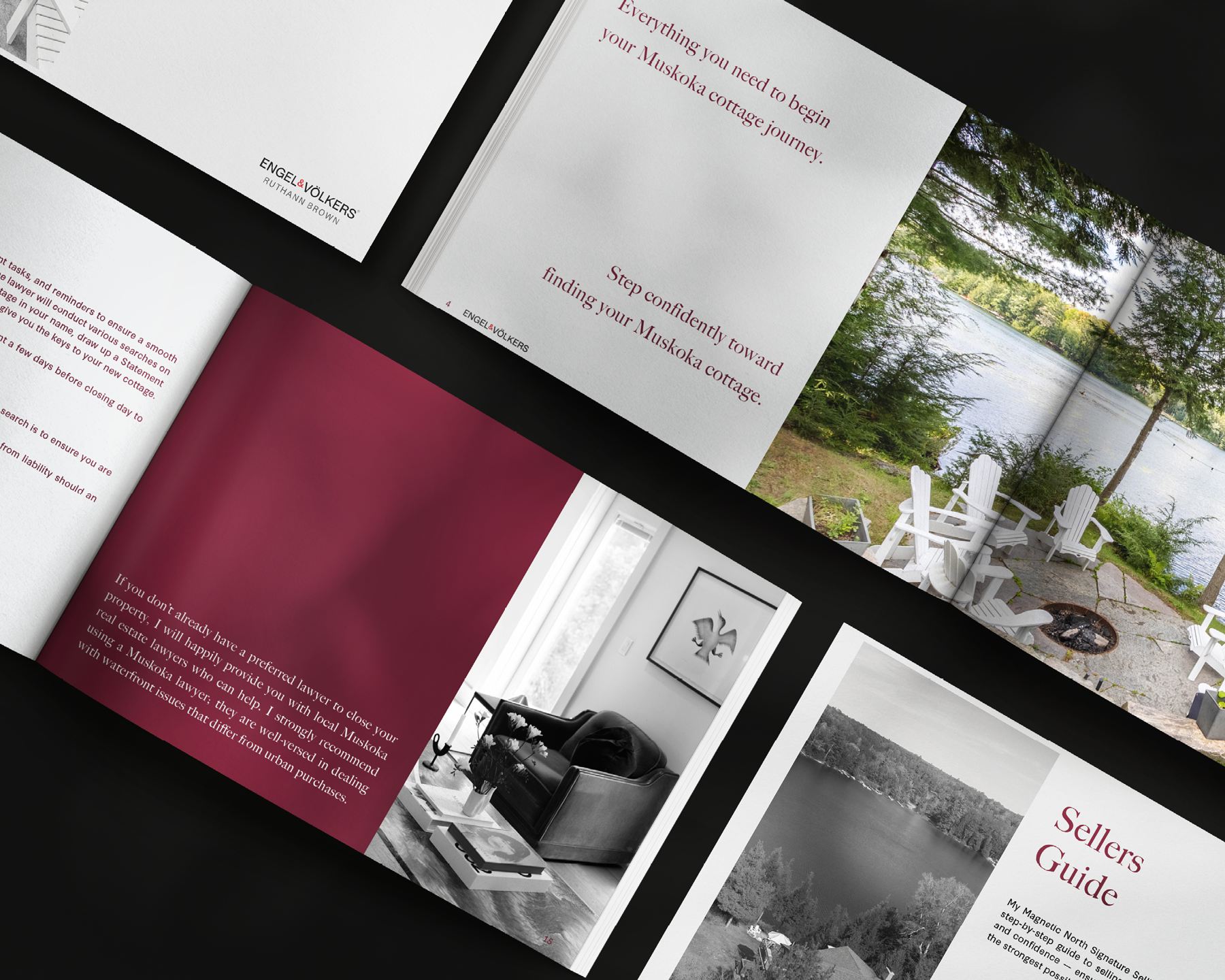 Open magazine pages showing real estate and property guide, with images of lakeside scenery, chairs outdoors, and interior decor, along with text about Muskoka cottage journeys and selling guides.