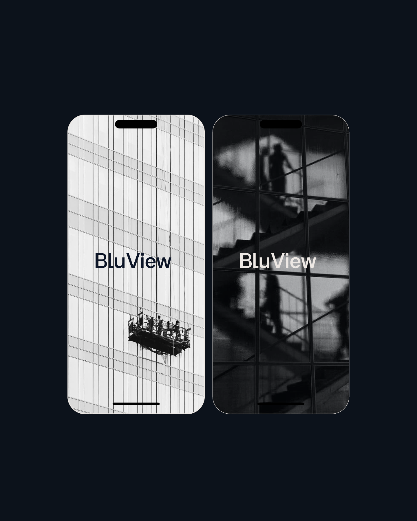 Two smartphones displaying black and white images of building windows, with repeated 'BluView' text.
