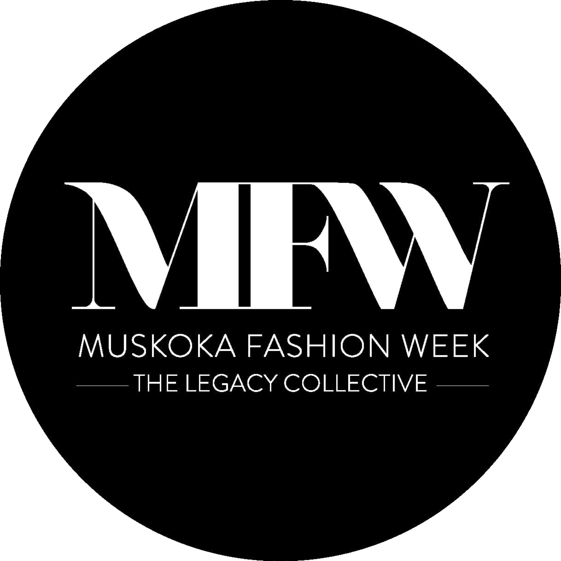 Black circular logo with white text that reads 'VIEWS Muskoka Fashion Week The Legacy Collective'.