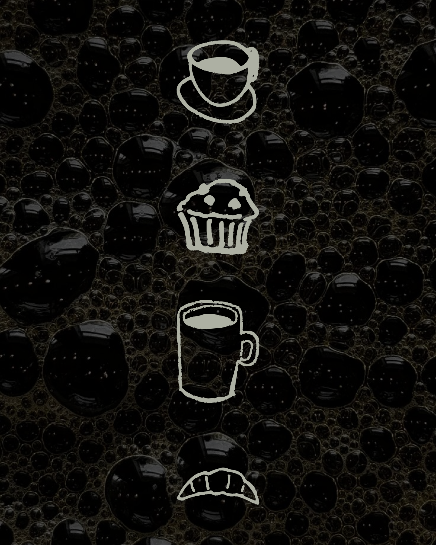 Illustration of a coffee cup at the top, a cupcake in the middle, a beer mug at the bottom, all outlined in white on a background of black bubbles.